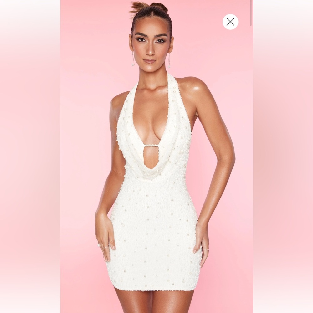 Oh Polly white plunge dress with pearls